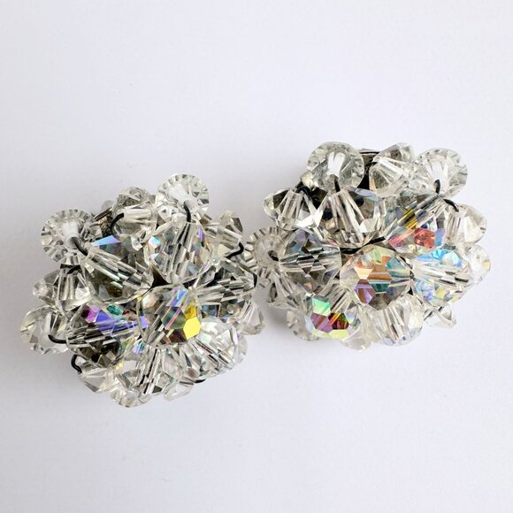 Vintage Aurora Borealis Crystal Cluster Clip-On Earrings 1950s 1" Diameter - Picture 2 of 7
